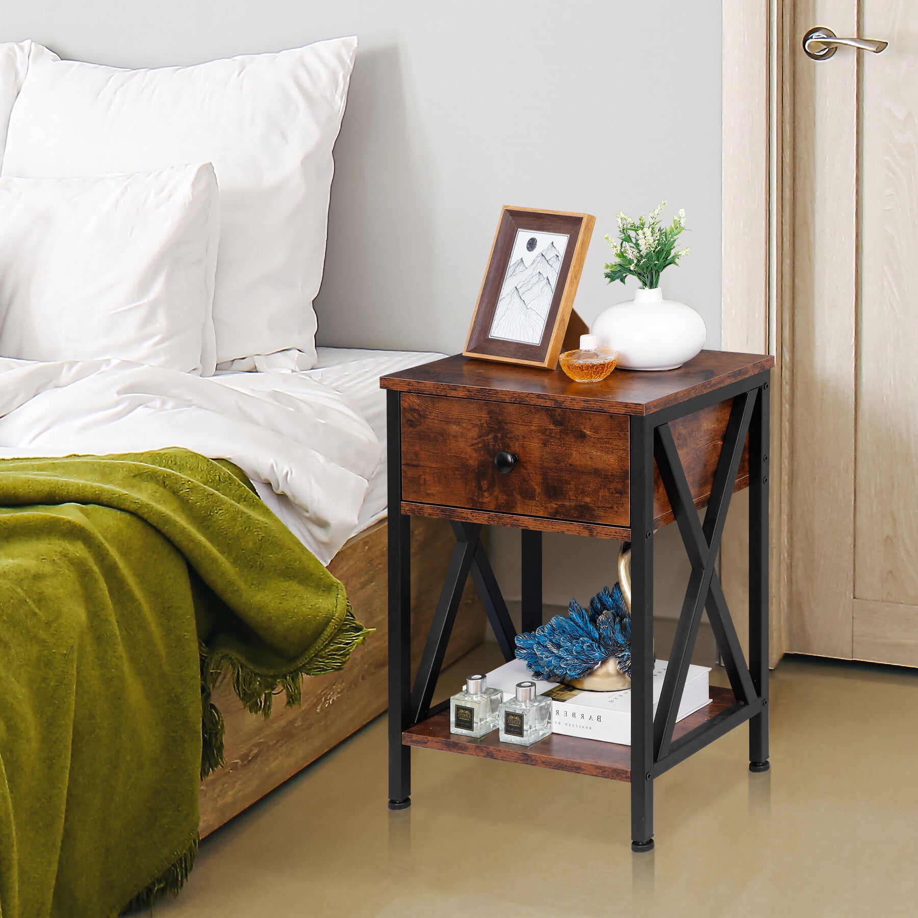ZenSports 2 Pack Wood Grain End Table Retro Industry Side Table W/ Drawer, Rustic Brown