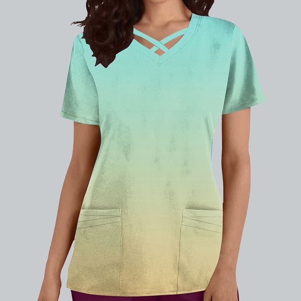 Puntoco Top de lactancia informal de manga corta con escote en V y bolsillo con degradado de color para mujer