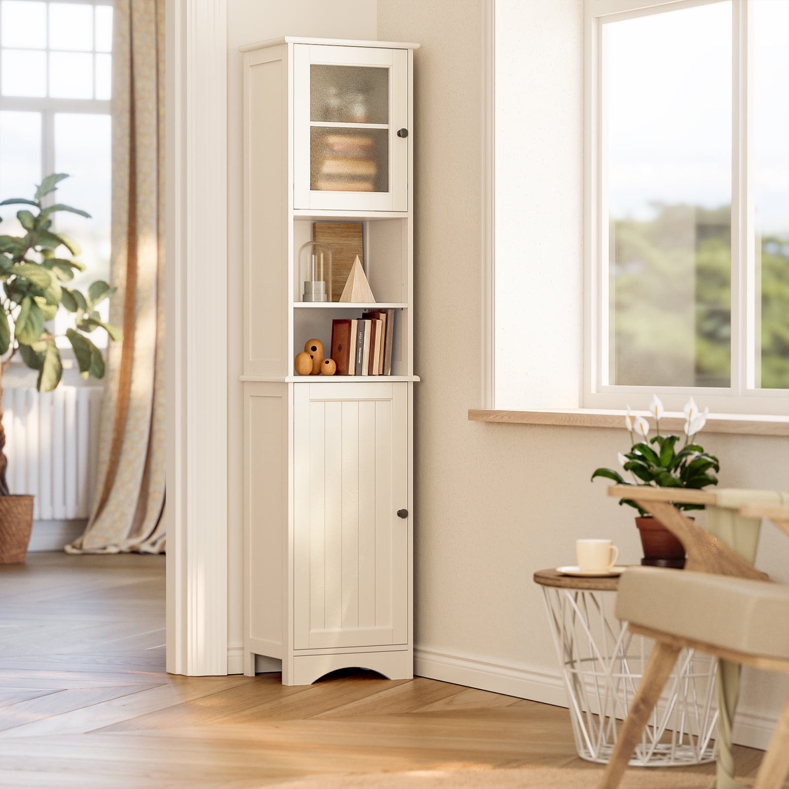 Aiho Bathroom Storage Tower–Two-Way Doors, Adjustable Shelves, Anti-Tip Freestanding Linen Cabinet for Home, Kitchen, Living Room White
