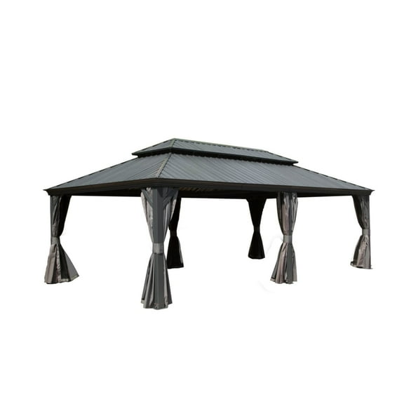 Newboti 14x22FT Hardtop Gazebo, Outdoor Gazebo with Galvanized Steel Double Roof, Aluminum Frame, Built-in Gutter System, Curtain and Netting, Metal Gazebo Pavilion for Patio Deck Garden, Grey 9648128