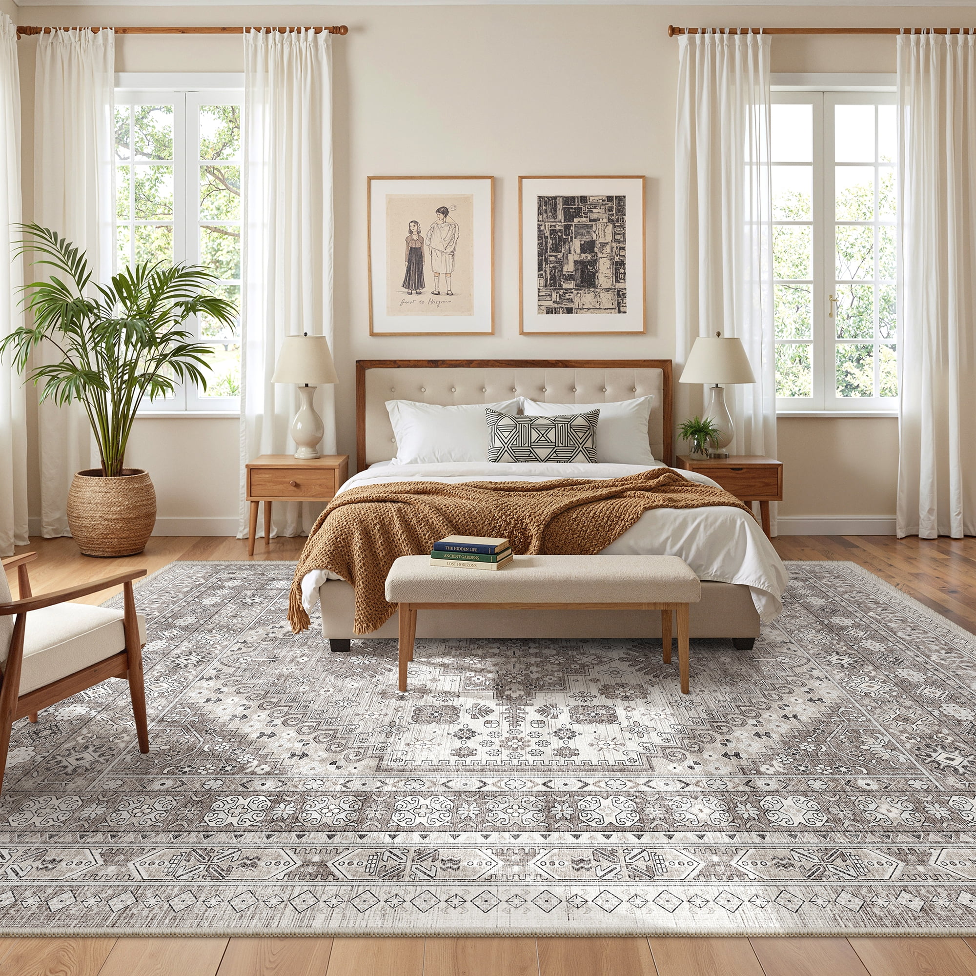 Roxstand 9x12 Area Rugs for Living Room, Vintage Large Area Rug, Non-Slip Backing Washable Rug, Stain Resistant Home Decor Rug (9'x12', Brown)