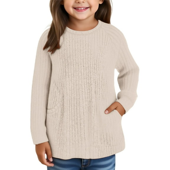 EnJoCho Children’s Round Neck Sweater with Pockets, Loose Fashionable Comfortable Casual Knit Top for Kids 3-14 Years Fall Outfits