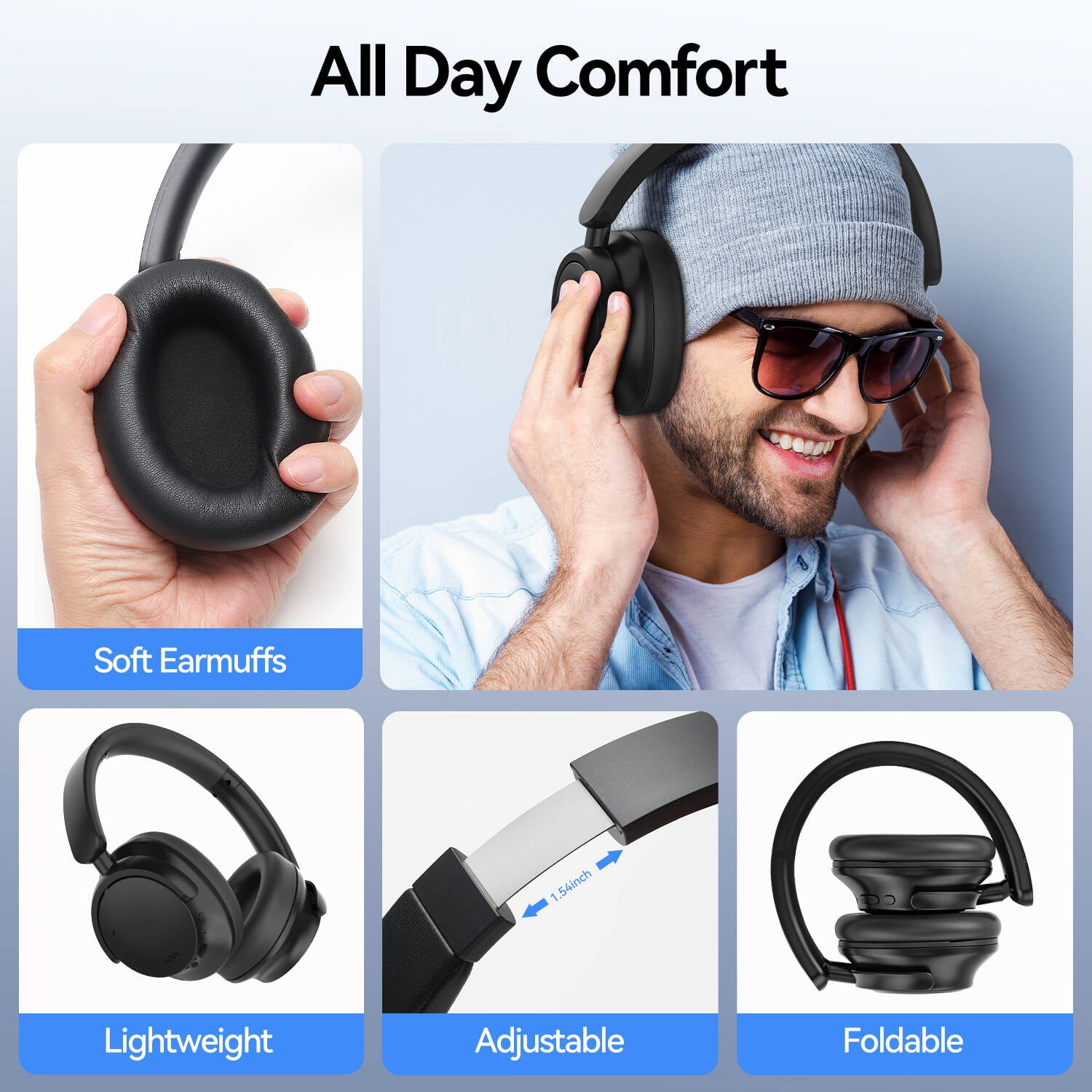 AUSDOM E7 PRO ANC Headphones, Bluetooth 5.3 Over-Ear, 80H Playtime, Hi-Res Audio, Mic - Black