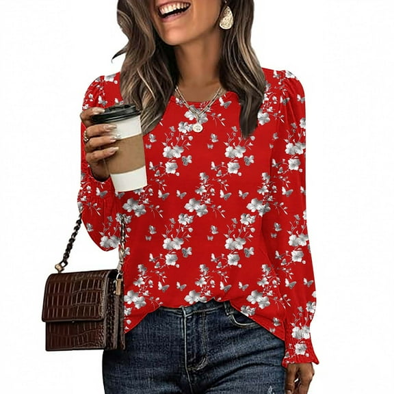 VgaVtl Women T Shirts Long Sleeve Fall Winter Womens Plus Size Tops Red Floral Casual Undershirts Elegant Regular Shirts,L