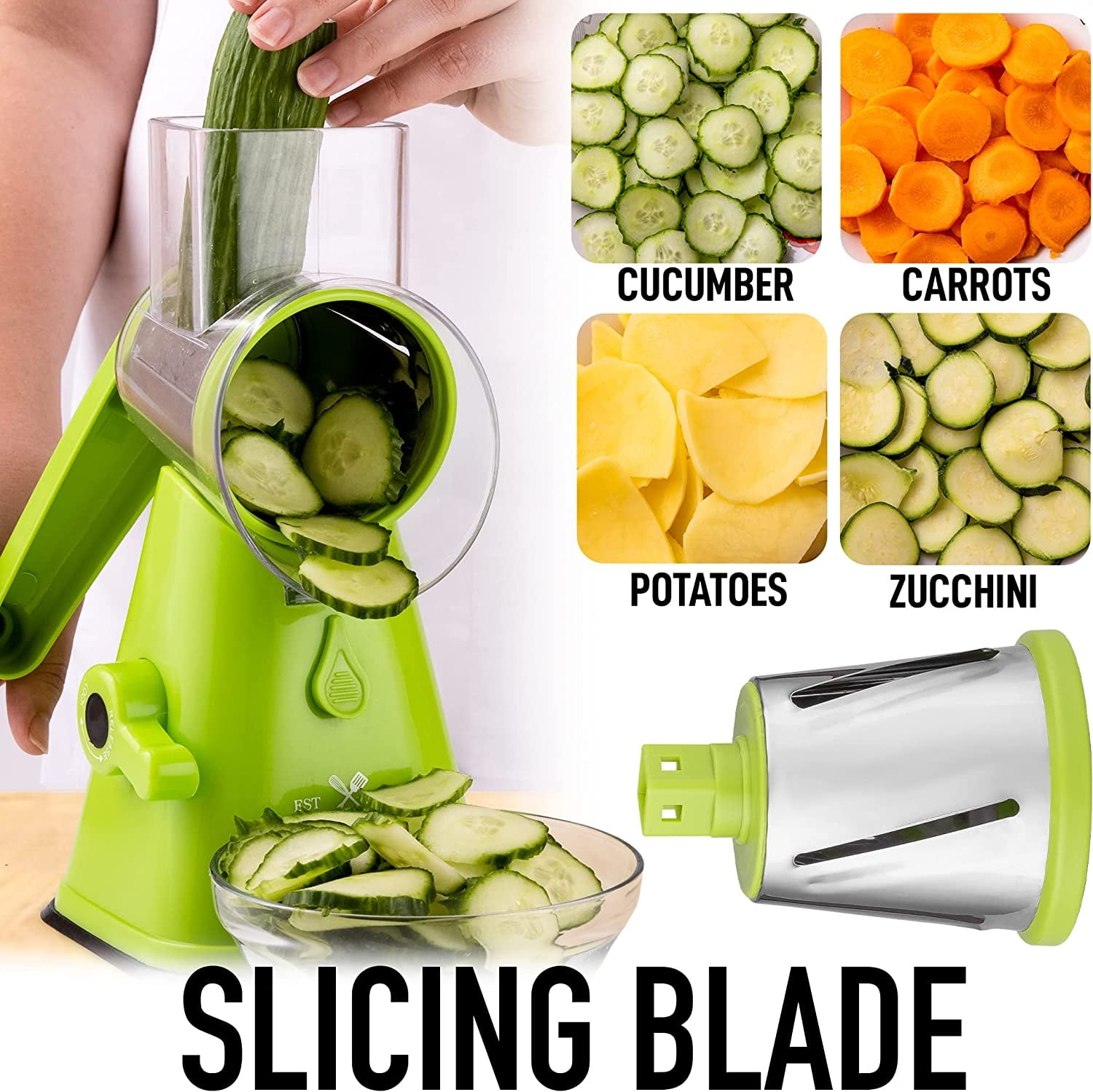 Zulay Kitchen Rotary Cheese Grater Cheese Shredder 3 Replaceable Stainless  Steel Blades Light Green 