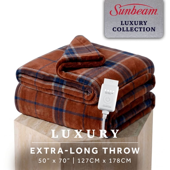 Sunbeam Heated Electric Luxe Plush Throw Blanket, Brown and Blue Shepherd Plaid, 4 Heat Settings, 50 x 70 in