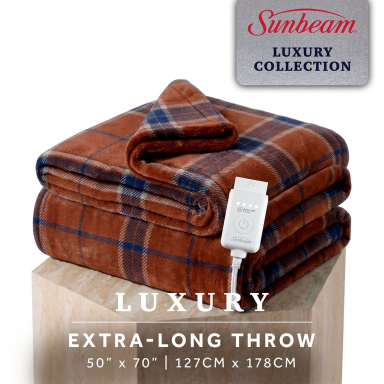 Sunbeam Heated Electric Luxe Plush Throw Blanket, Brown Blue photo 1