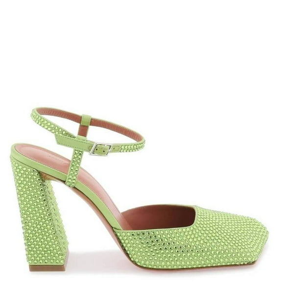Amina Muaddi Satin Lime Charlotte Pumps With Crystals, Brand Size 35.5 (US Size 5.5)