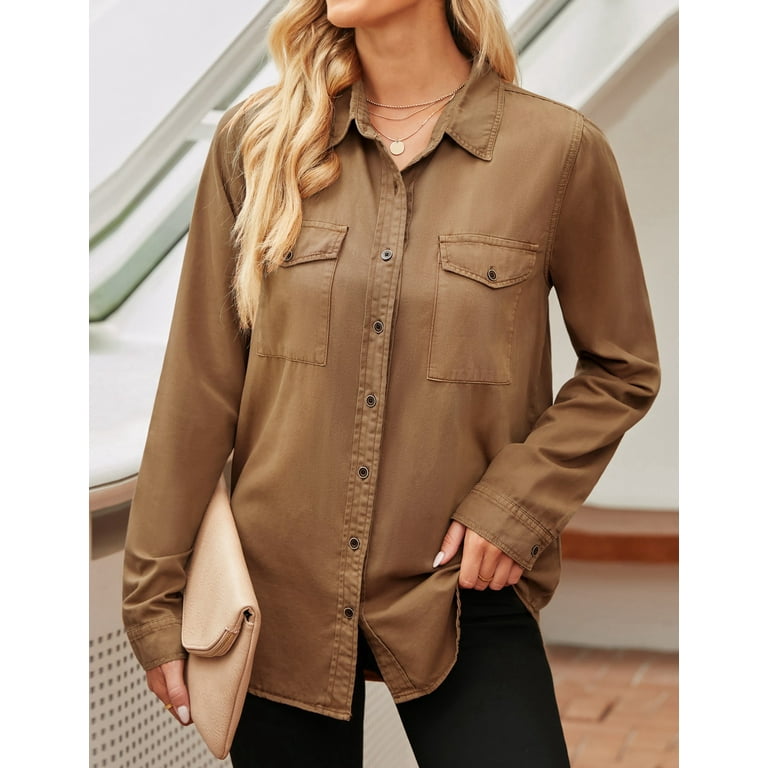 Vetinee Women's Long Sleeve Western Denim Shirts Basic Button Down Lapel  Jean Shirt Size L Size 12 Size 14 Almond Brown