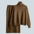 thumbnail image 2 of Lovskoo 2024 Women's Sweater Set Sweater Knitted Solid Color Turtleneck Sweater Half Hip Wrap Skirt Two-Piece Knitted Coffee, 2 of 9