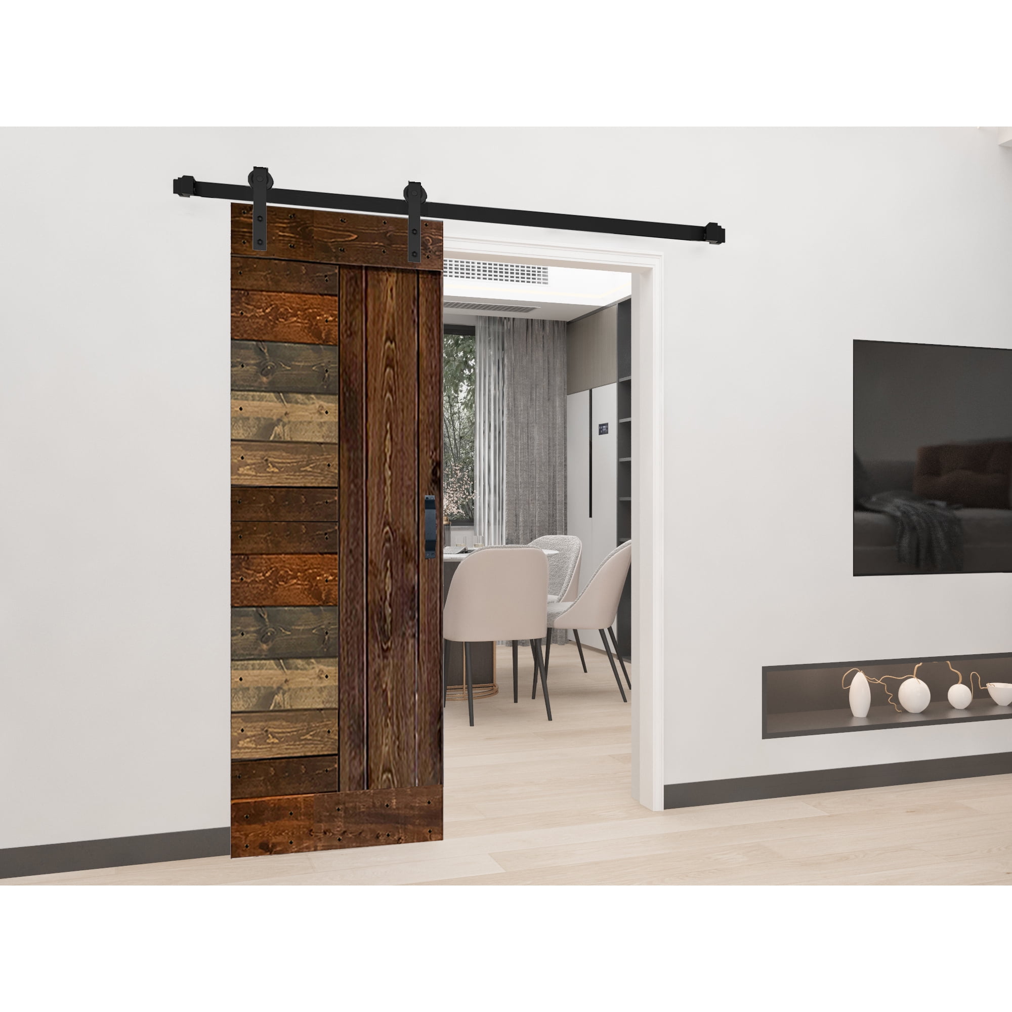 Multicolor Solid Knotty Pine Sliding Barn Door Kit with Black Hardware