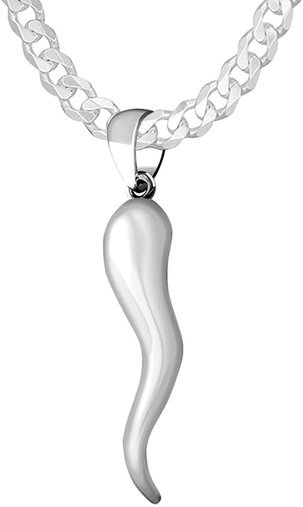 US Jewels Men s 925 Sterling Silver 26mm Italian Horn Good Luck Pendant Necklace