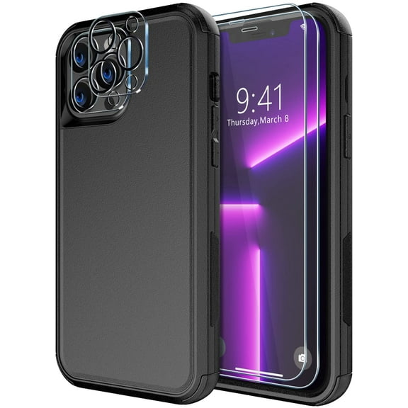 Diverbox for iPhone 13 Pro Case [Shockproof] [Dropproof] [Tempered Glass Screen   Camera Lens Protector],Heavy Duty Protection Phone Case Cover for Apple iPhone 13 Pro (Black)
