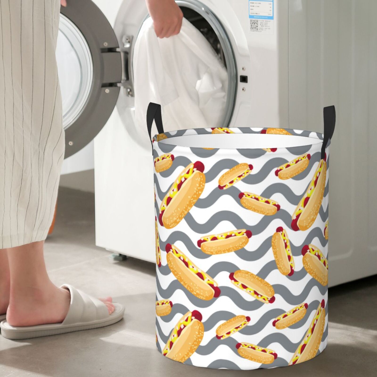 Large Laundry Basket with Handles - Hot Dog Print Wave Gray Kids Baby Dirty Clothes Laundry Hamper for Bedroom Aesthetic