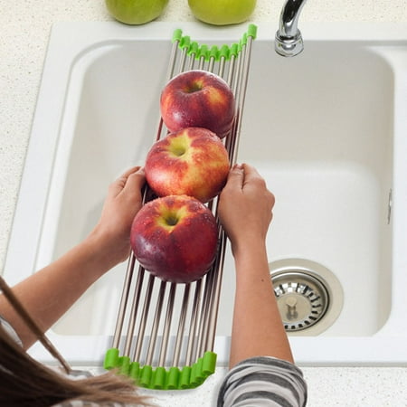 Kitchen Sink Dish Rack for Rinsing and Drying Dishes- Long, Over the Sink Stainless Steel and Silicone Multi-Functional Sink Accessory by Chef Buddy