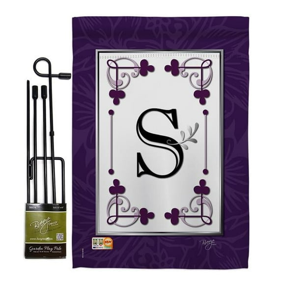Breeze Decor BD-SB-GS-130019-IP-BO-D-US09-BD 13 x 18.5 in. Classic S Initial Interests Simply Beauty Impressions Decorative Vertical Double Sided Garden Flag Set with Banner Pole