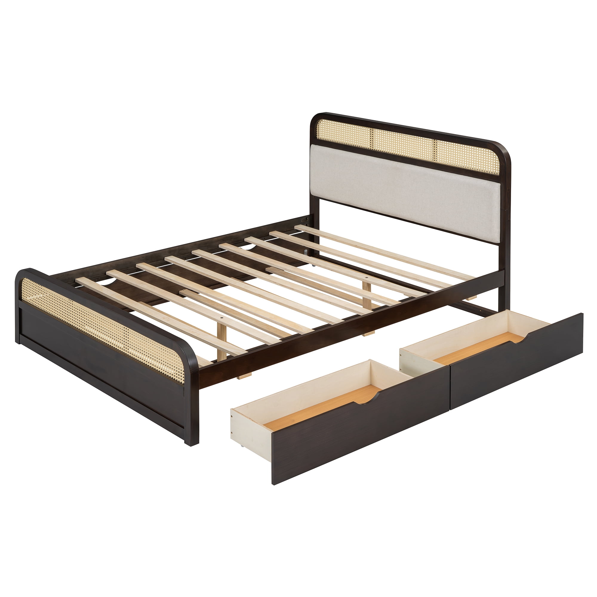 Harper & Bright Designs Queen Size Platform Bed Frame with Trundle and 2 Drawers, Wood Bed Frame with Padded Headboard, Espresso