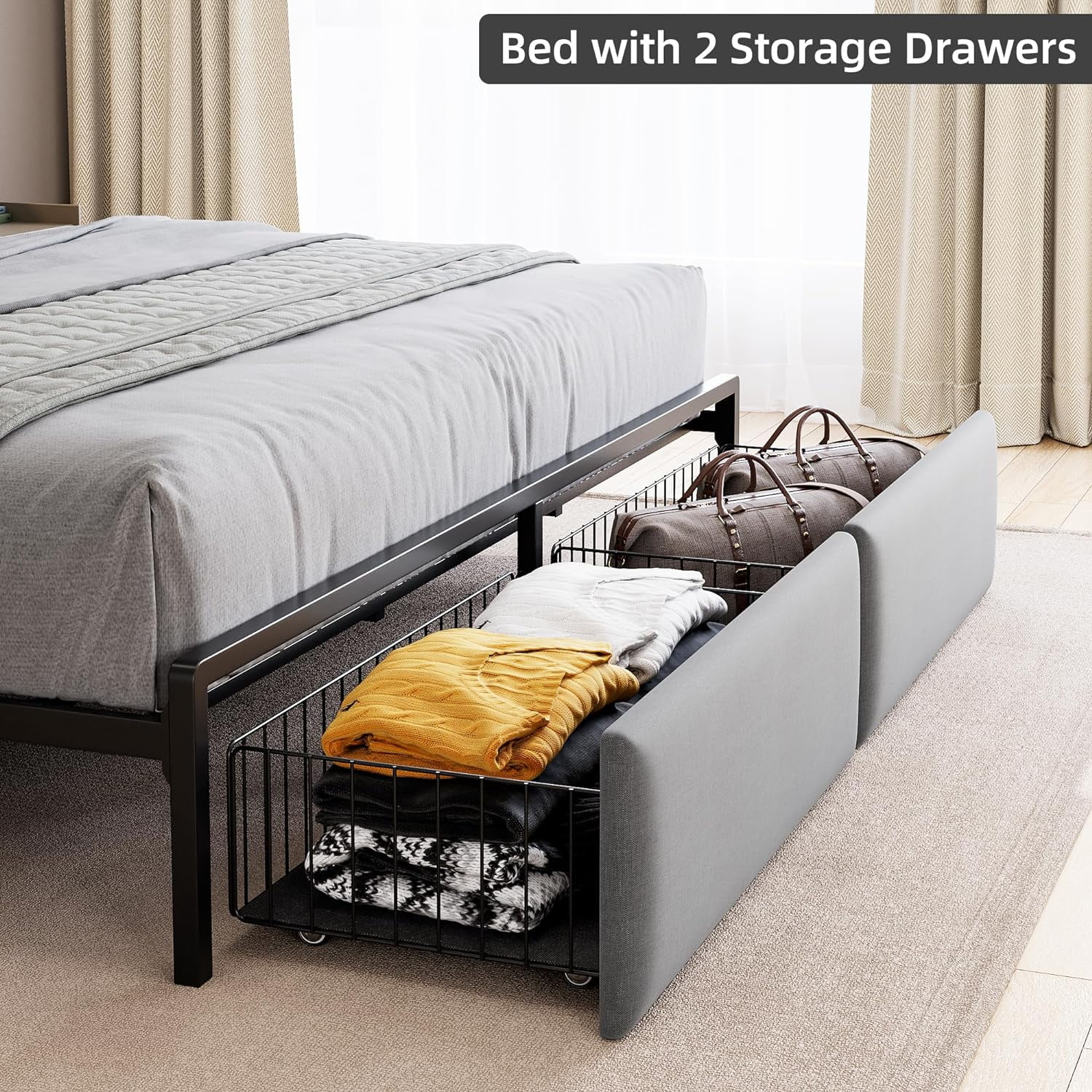 Historyli King Size Bed Frame with RGB LED Lights,Storage Headboard & 2 Storage Drawers,Upholstered Platform Bed with USB Ports & Outlets,Noise Free,Easy Assembly,No Box Spring Needed,Grey