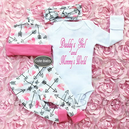 

Xingqing Kids Newbrorn Baby Girls Outfits Set Daddy s Girl Tops Romper Pants Hat Headband 4PCS Clothes 6-9 Months