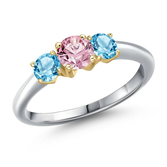 Gem Stone King 10K Two Tone Gold Pink Lab Grown Diamond and Swiss Blue Topaz Engagement Ring for Women | 1.21 Cttw | Round 5MM | Gemstone April Birthstone | Size 7