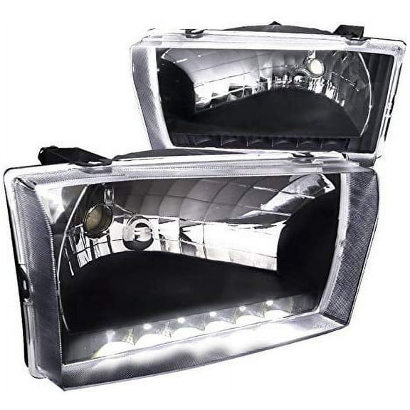 R8 Style DRL LED Light Strip Headlight Head Lamp Replacement in Black Housing Clear Lens Made For And Compatible With 1999 - 2004 Ford F250 F350 F450 F550 Superduty Excursion 99 00 01 02 03 04