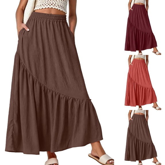 Women's Boho Flowy Maxi Skirt with Side Pockets and Tiered Ruffle Hem, Lightweight Breathable Fabric for All Day Comfort Brown L