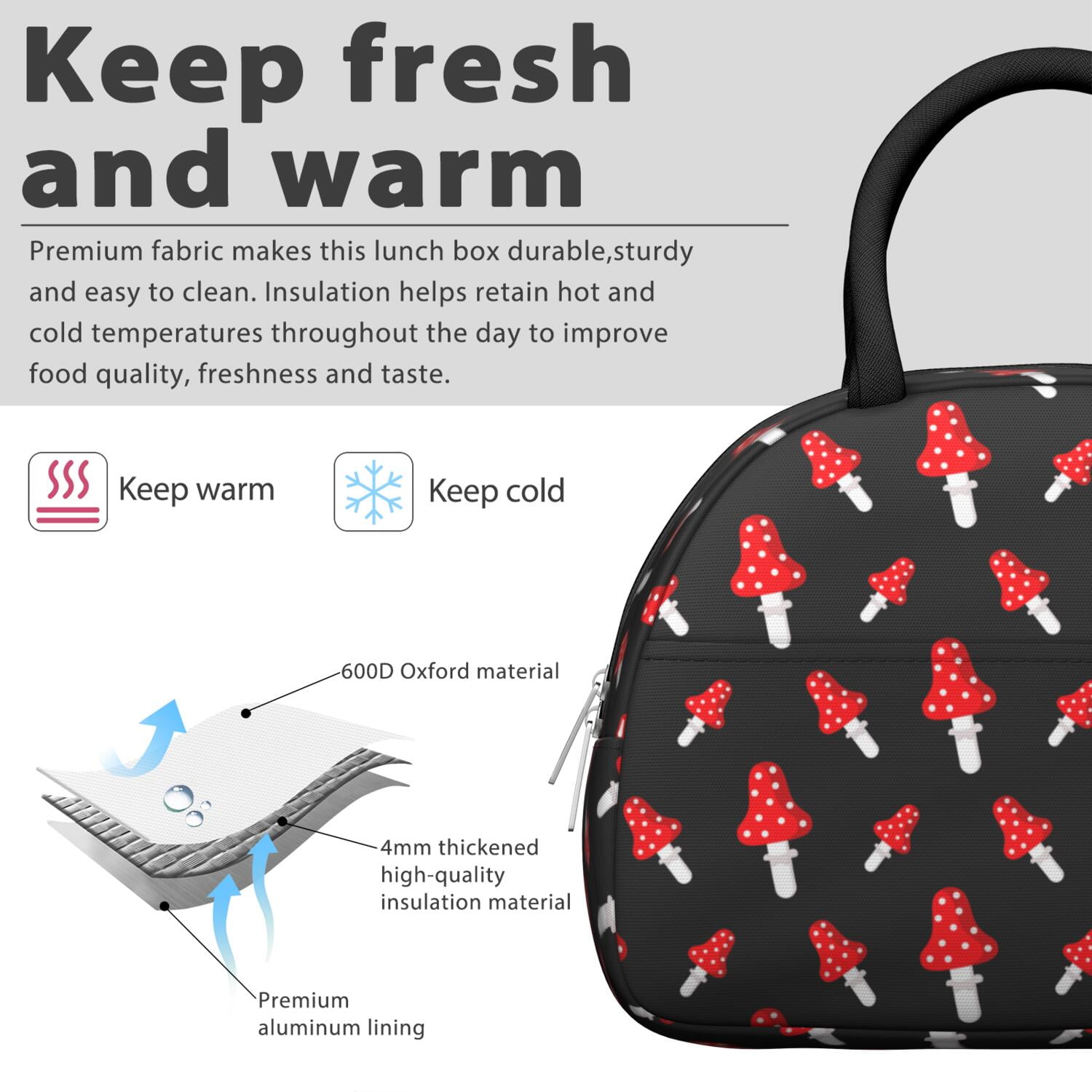 Vintage Mushroom Lunch Box – Reusable Insulated Bag with Botanical Fungi Design, Ideal for Work or Outdoors