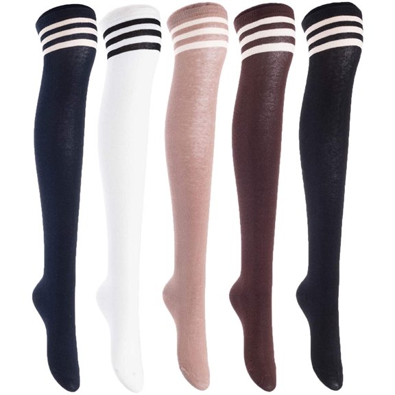 Lian LifeStyle Big Girl's Women's 5 Pairs Thigh High Cotton Socks Size 6-9 L1022