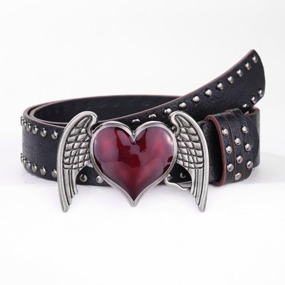 Women's Y2K Retro PU Leather Belt Winged Heart Buckle Rivet Decorated Alternative Street Style Belt for Jeans