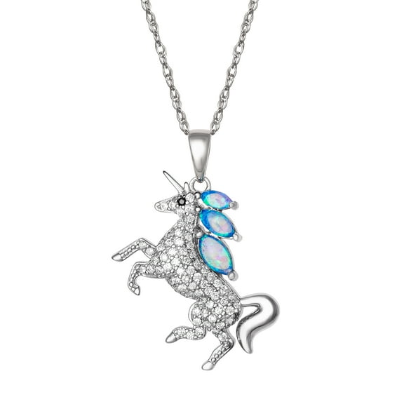 Brilliance Fine Women's Sterling Silver Cubic Zirconia and Created Opal Unicorn Pendant, 18" Chain