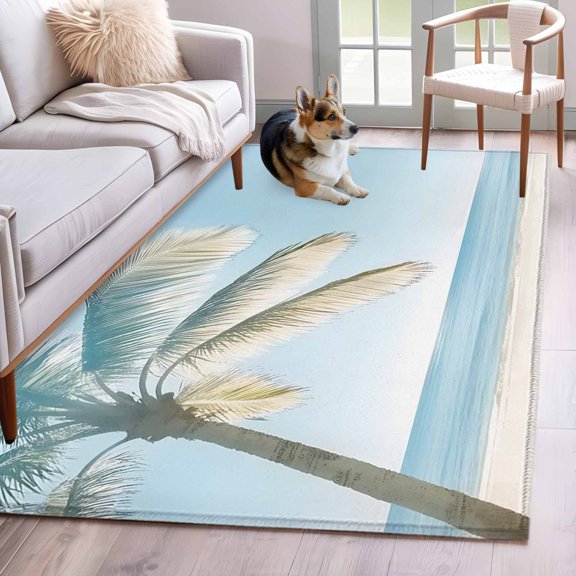 Blue Coastal Area Rug 3x5 FT, Non Slip Entryway Bedside Carpet, Summer Palm Trees Vacation Watercolor Washable Soft Floor Carpet Indoor Mat Non-Shedding Throw Rugs for Dorm Kitchen Home Office