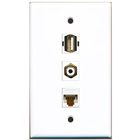 RiteAV - 1 Port RCA White and 1 Port USB A-A and 1 Port Cat6 Ethernet White Wall Plate