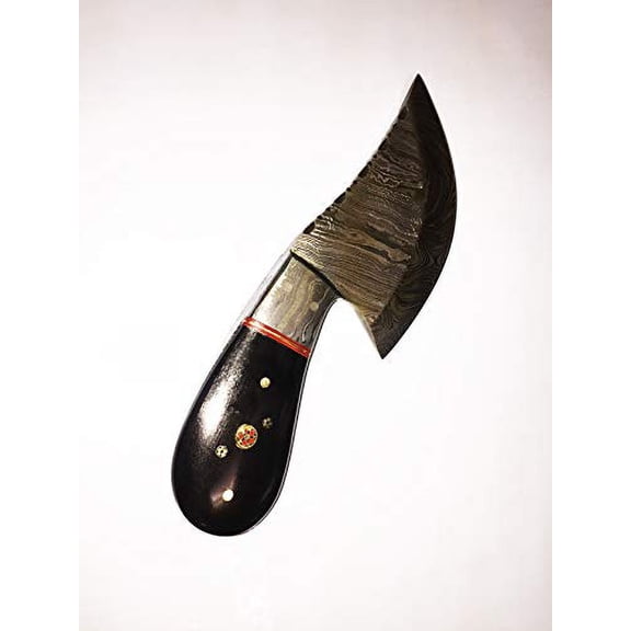 7" Long Compact Hand Forged Damascus Steel Wide Blade Skinning Knife with 3.5" Cutting, Natural Bull Horn Scale with Damascus Bolster, Cow Hide Leather Sheath (Camel Bone)