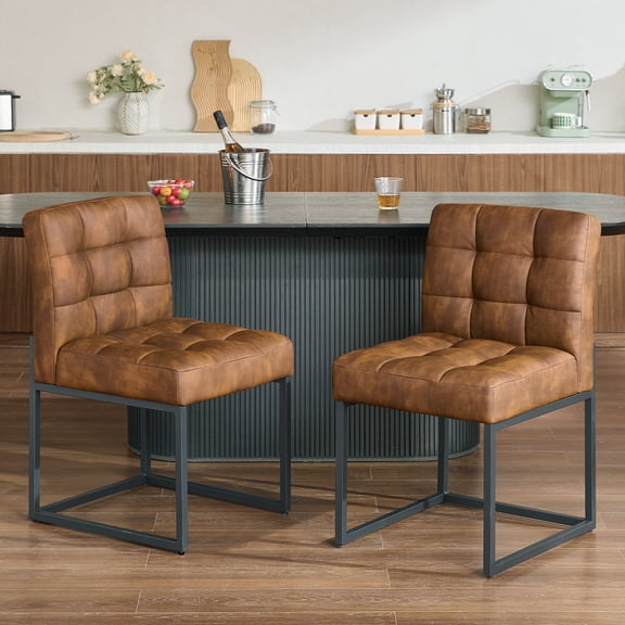 GrandNoor Coffee Faux Leather Dining Chairs Set of 2, Mid-Century Modern Dining Room Chairs with Armless, Checkered Kitchen Chair with Metal Legs