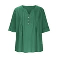thumbnail image 4 of MIXUE Boho Tops For Women Summer Solid Color V Neck Button Short Sleeve Fashion Loose Casual Pleated T-shirts Activewear,Green,XXL, 4 of 6