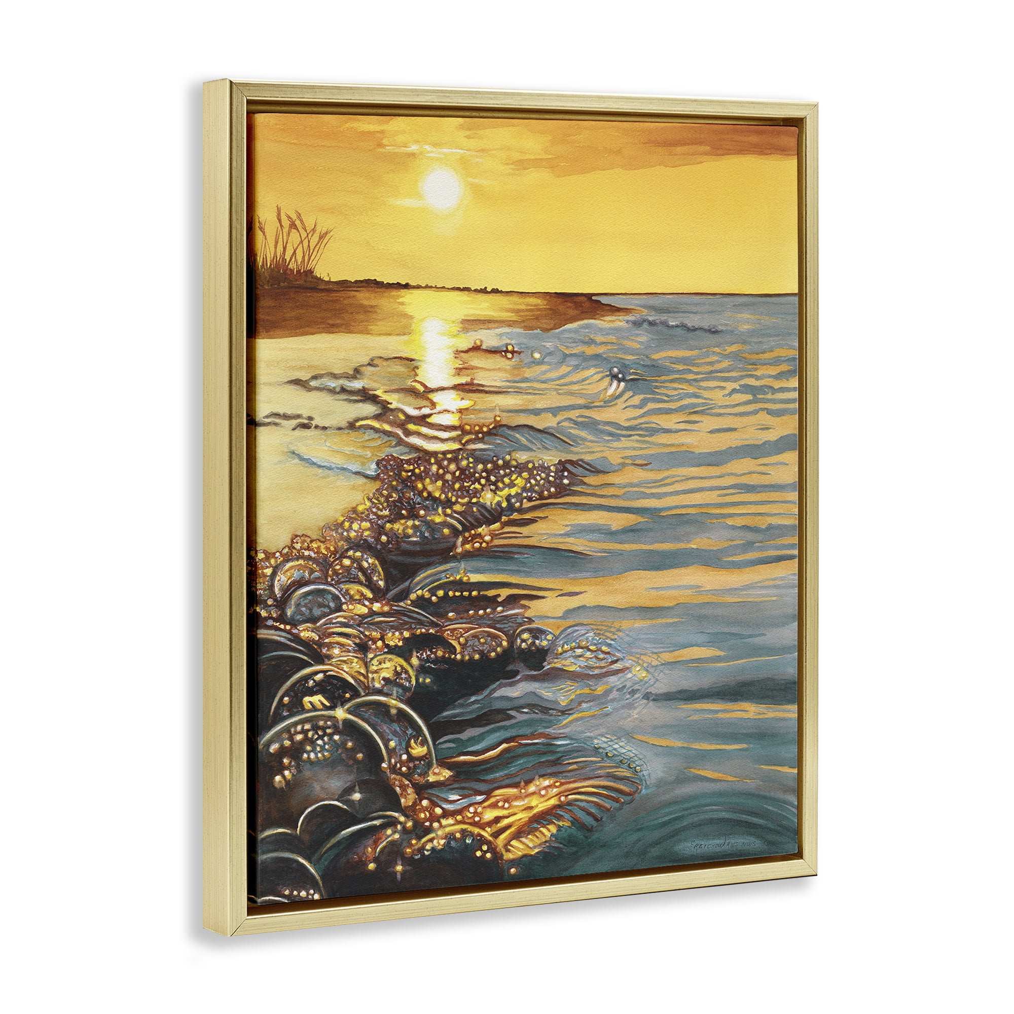 Stupell Industries Saltwater Beach Sunset Landscape Painting Gold Floater Framed Canvas Art Print Wall Art, 17 x 21