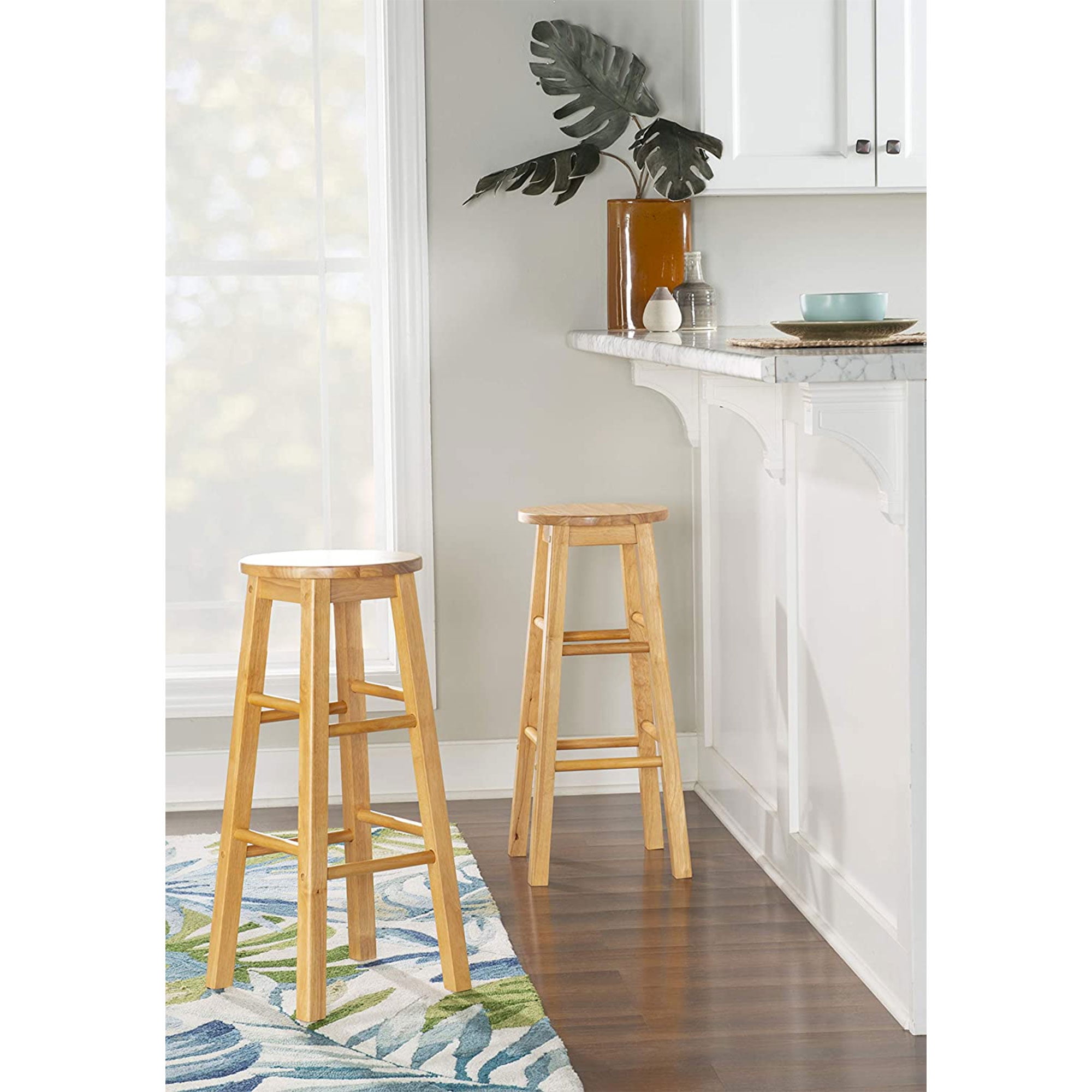 PJ Wood Classic Round-Seat 29 Inch Kitchen Bar Stools, Natural, Set of 2