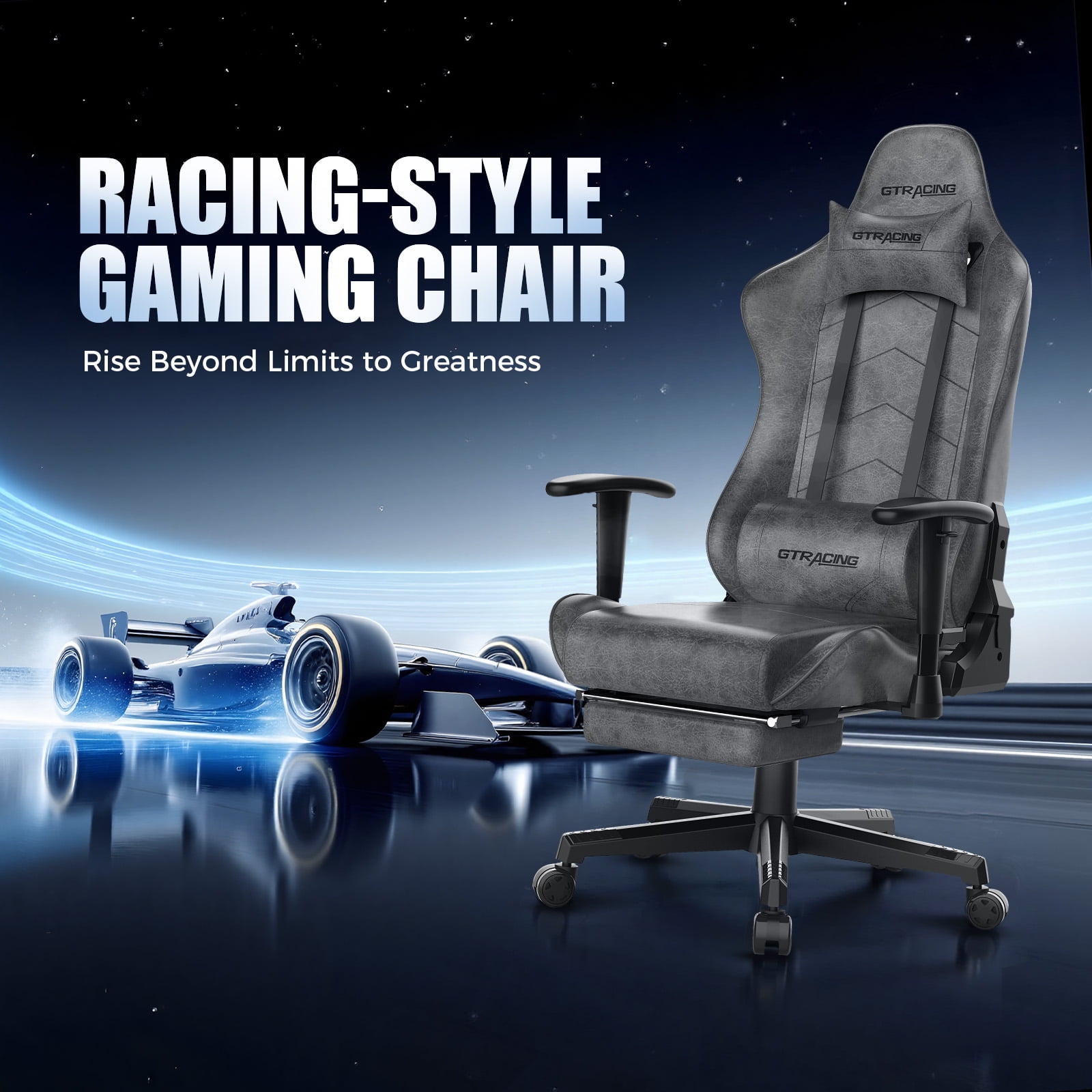 GTRACING High Back Racing Style Gaming Office Chair with Footrest and Adjustable Reclining Backrest, Gray
