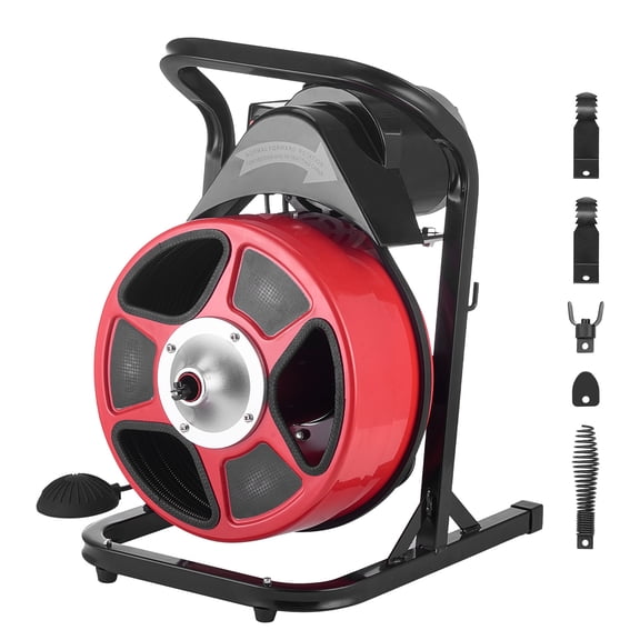 KFFKFF Drain Cleaning Machine 50 FT x 1/2 Inch, Manual Feed Sewer Snake with 4 Cutting Tools & Foot-Activated Switch for 2" to 6" Pipes