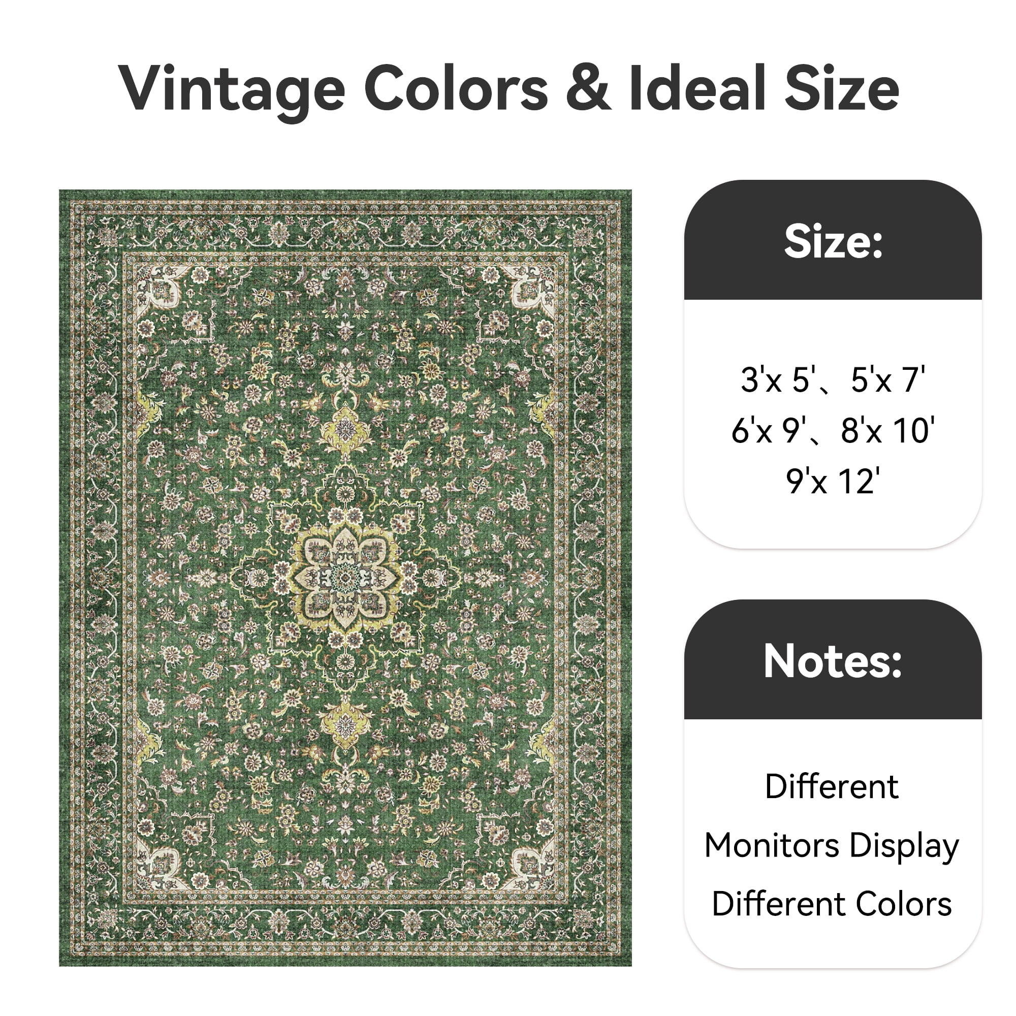 SIXHOME 9x12 Feet Washable Non-Slip Area Rug - Traditional Distressed Vintage Green Rug with Retro Floral Design, Ultra-Soft Indoor Large Carpet for Living Room, Bedroom, Dining Room