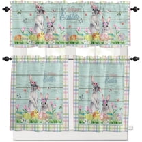 Spring Easter Kitchen Curtains Set Small Half Curtains 24 Inches Length, Bunny Easter Eggs Colorful Plaid Green Wood Rod Pocket Window Treatment Bedroom Tiers and Valance Set for Cafe Bathroom