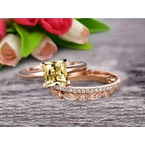 Trio Set 2.25 Carat 6mm Princess Cut Champagne Diamond Moissanite Wedding Set Engagement Ring Anniversary Ring On 10k Rose Gold Art Deco With Matching Band Shining Startling Ring