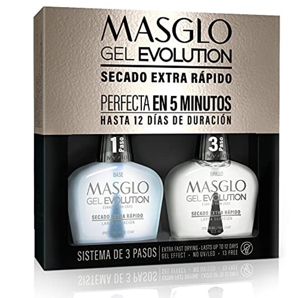 MASGLO GEL EVOLUTION Esmalte de uñas Efecto gel Sin lámpara UV/Led Duración hasta 12 días 2 piezas (Base - Capa superior) para manicura