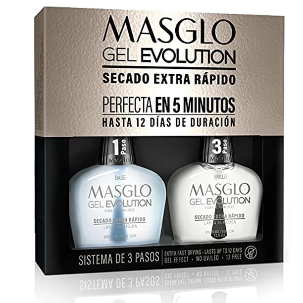 MASGLO GEL EVOLUTION Esmalte de uñas Efecto gel Sin lámpara UV/Led Duración hasta 12 días 2 piezas (Base - Capa superior) para manicura