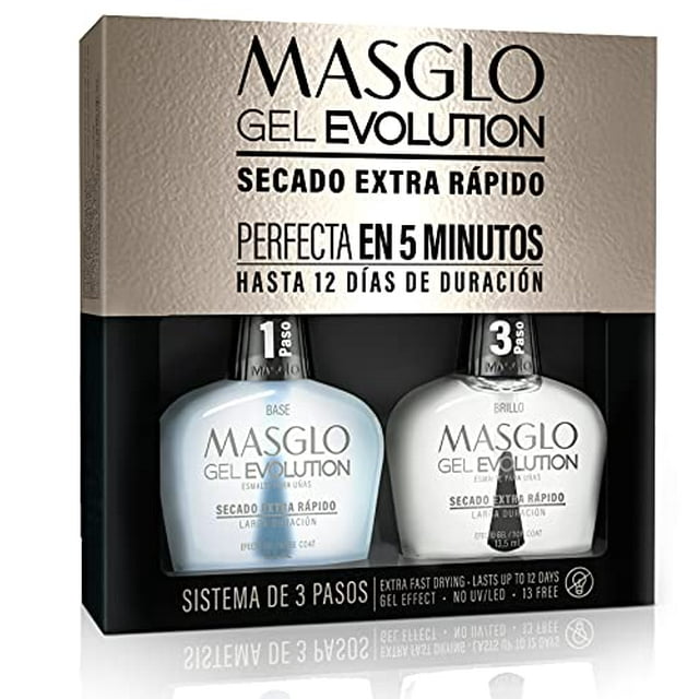 MASGLO GEL EVOLUTION Esmalte de uñas Efecto gel Sin lámpara UV/Led Duración hasta 12 días 2 piezas (Base - Capa superior) para manicura