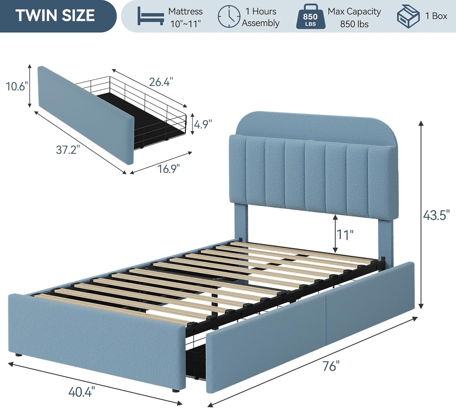 Twin Size Bed Frame with Storage Drawers & Bookcase Headboard, Boucle Platform Bed, Noise-Free, No Box Spring Needed, Blue