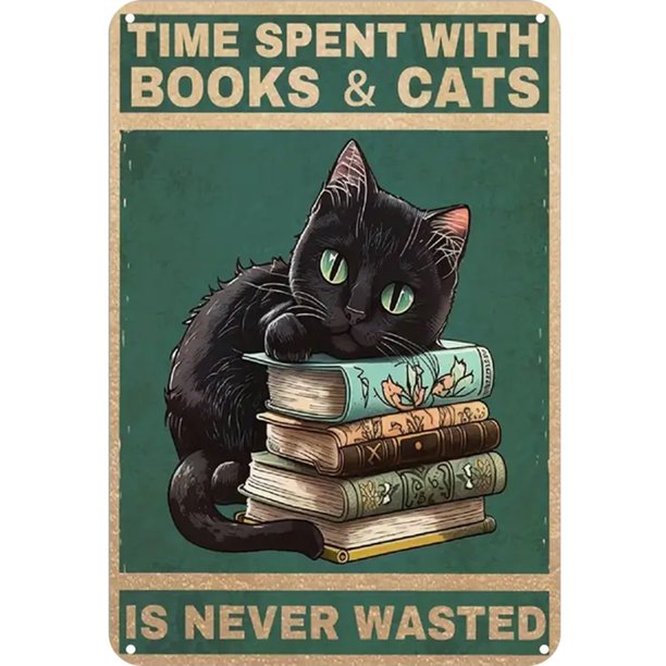 Placa Metal Vintage Gato Y Libro Pintura Hierro Rectangular 20x30 Cm