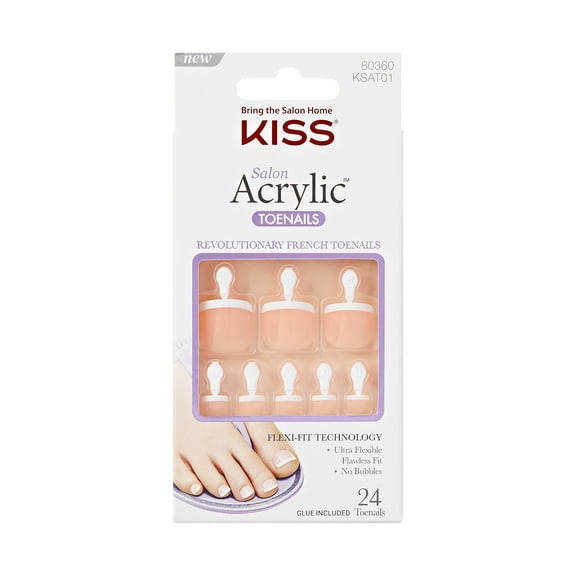 KISS Salon Acrylic French, Press on Toenails, Walk Away, White, Short Squoval, 24 Count