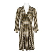 Adrianna Papell V-Neck Long Sleeve Multi Print Jersey Dress-MUSTARD HOUNDSTOOTH / S
