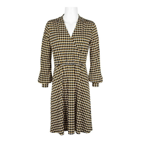 Adrianna Papell V-Neck Long Sleeve Multi Print Jersey Dress-MUSTARD HOUNDSTOOTH / XL